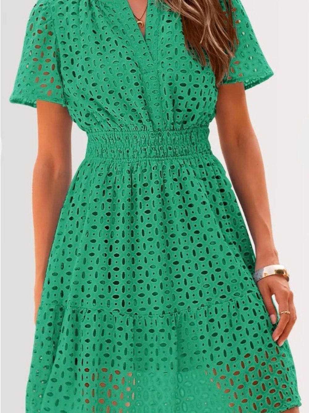 Smocked Waist Green Eyelet Midi Dress